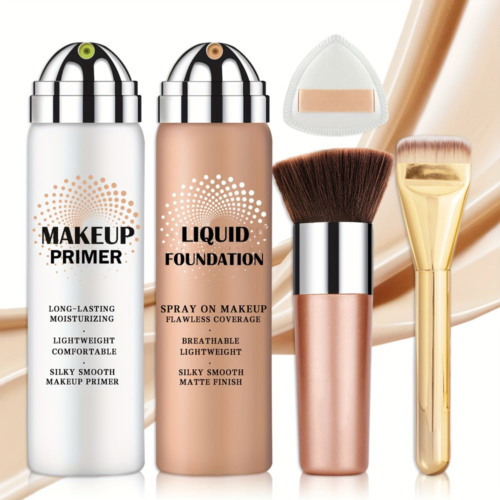 Liquid Foundation & Primer Set for Mature Skin 3-in-1 CC Cream BB Cream Silky Smooth Formula, for Makeup, Travel and Everyday Vanity Use