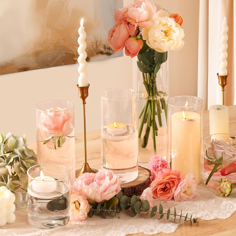 Glass Cylinder Vases Set 12 or 24pcs Clear Tall Flower Vase Candle Holder 4 Sizes for Wedding for Entryways, Bedrooms and Living Spaces