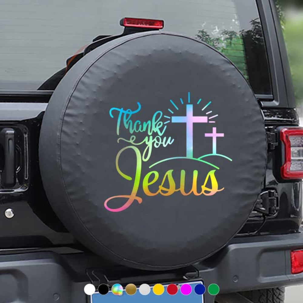 Thank You Jesus Cross Vinyl Decal Set, Four-Piece Design in Seven Colors for Vehicle Windows and Body Panels
