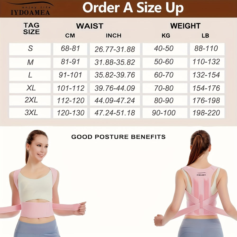 Pink Adjustable Posture Brace with Crossed Waist Straps and Five Labeled Fit Options from S to 3XL