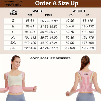 Pink Adjustable Posture Brace with Crossed Waist Straps and Five Labeled Fit Options from S to 3XL