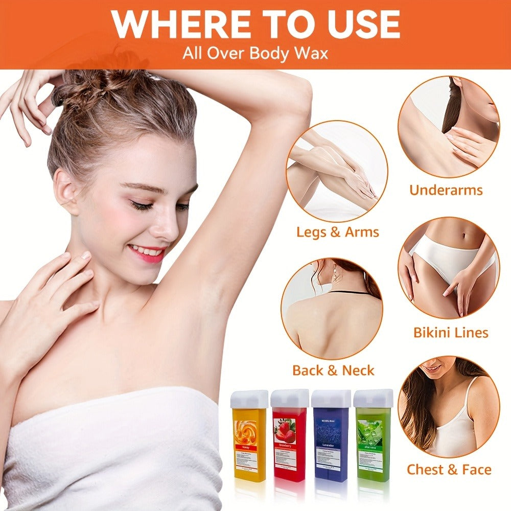 Hair Removal Roller Wax Strips 100g Handheld Depilatory Wax Kit, Smooth Skin for Legs Arms Underarms Bikini Line