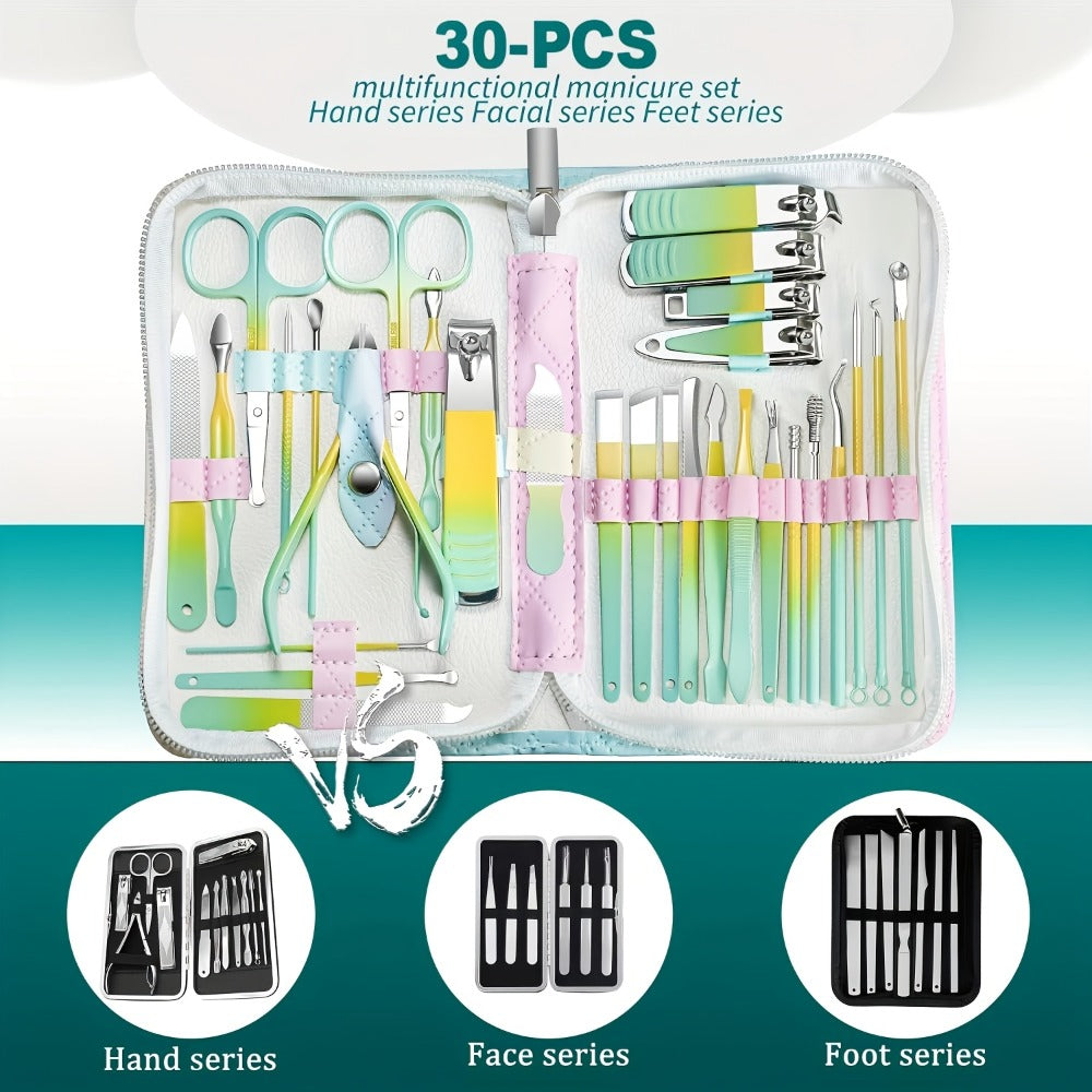 Thirty-Piece Manicure and Pedicure Kit with Gradient Travel Case, Clippers, Scissors and Nail Tools