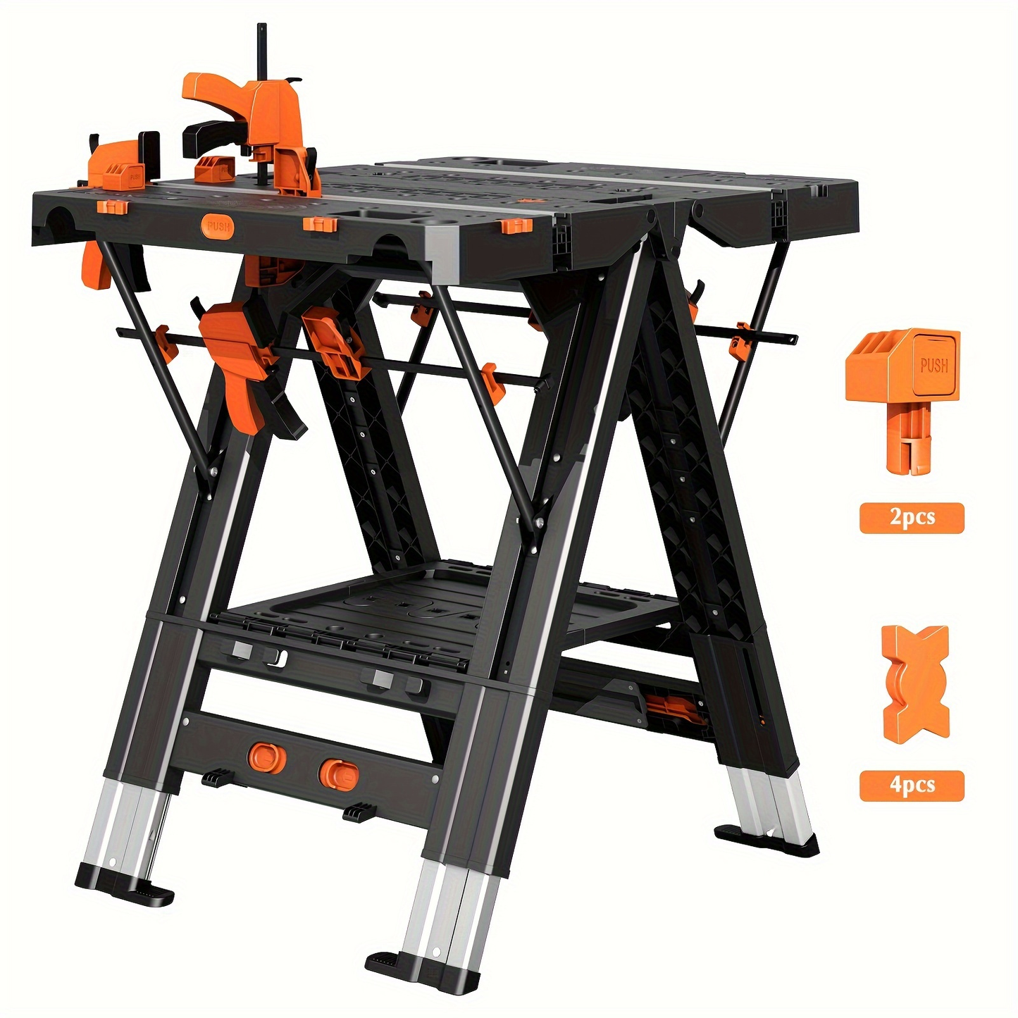 Folding Workbench Sawhorse 2-in-1 Height Adjustable Aluminum Legs Clamp Force with 4 Woodworking Clamps for DIY Garage Workshop Portable