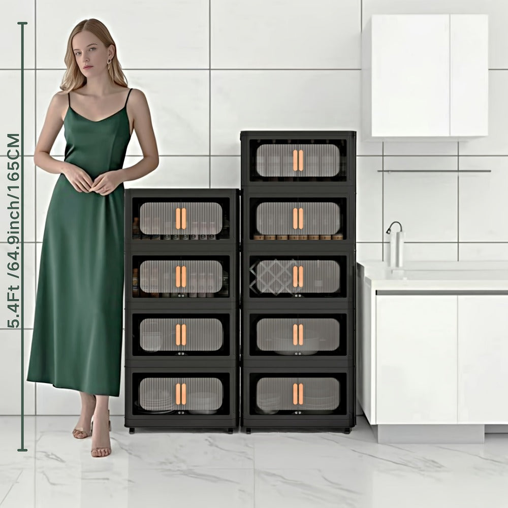 Storage Cart 4 or 5-Tier Enclosed Plastic Organizer with Double Doors, Folding Panels and Lockable Wheels