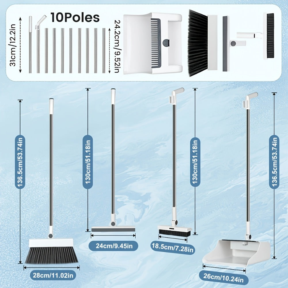 Broom and Dustpan Set with Long Handle - 2-in-1 3-in-1 4-in-1 Foldable Broom Dustpan Combo with Floor Brush for Home Office Dorm Room