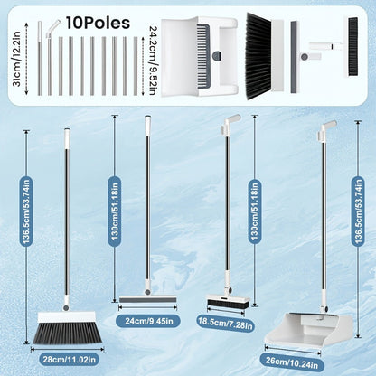 Broom and Dustpan Set with Long Handle - 2-in-1 3-in-1 4-in-1 Foldable Broom Dustpan Combo with Floor Brush for Home Office Dorm Room