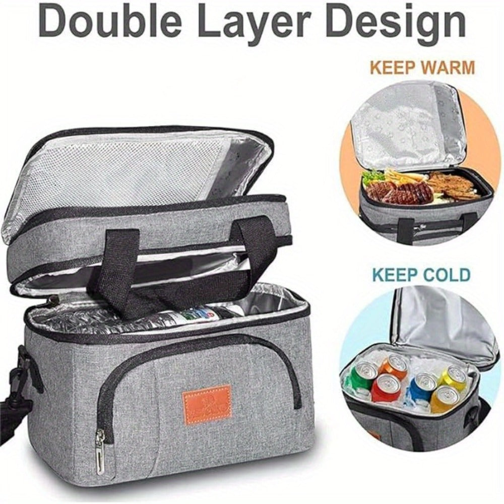 Double-Deck Lunch Tote with Front Pocket and Shoulder Strap in Gray, Blue, Black or Pink Options