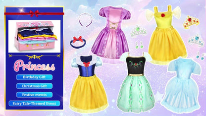 Girls Princess Dress Up Costume Set 14pcs, 5 Role Play Outfits with Crowns, Earrings & Storage Box