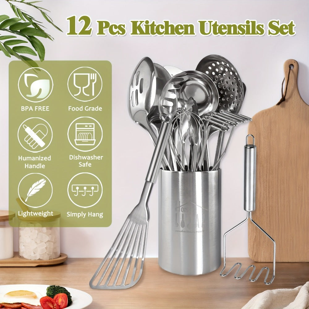 Kitchen Utensils 12-Piece Stainless Steel Set with Countertop Holder and Eleven Cooking Tools