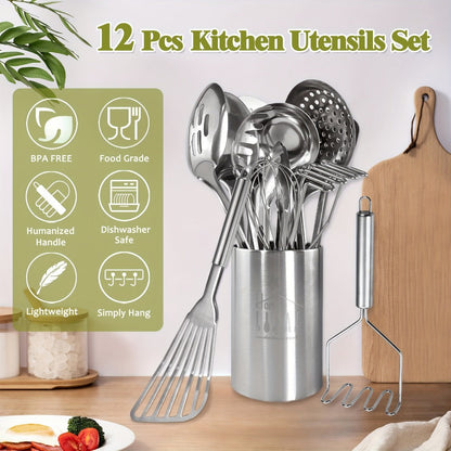 Kitchen Utensils 12-Piece Stainless Steel Set with Countertop Holder and Eleven Cooking Tools