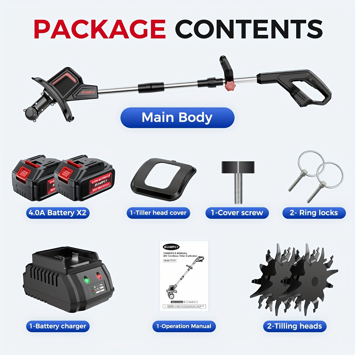 Cordless Electric Cultivator 360RPM - Wireless Electric Tiller & Soil Loosening Machine with 2×4.0Ah for Garden, Patio and Yard Use