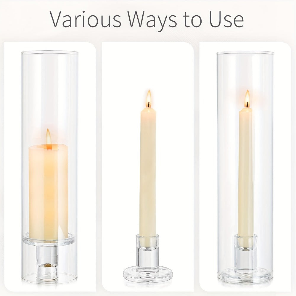 Hurricane Glass Candle Holders for Taper Candles, 11.8 Inch Tall Clear Cylinder Windproof Candlestick Stand for Wedding