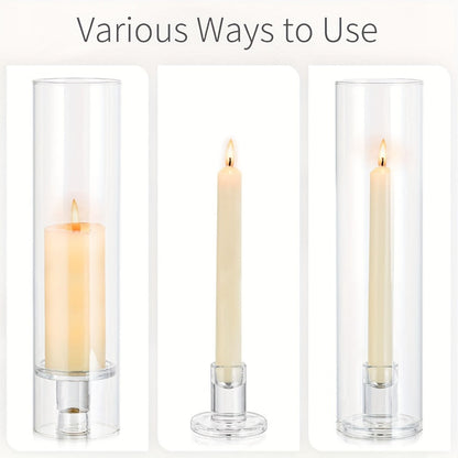 Hurricane Glass Candle Holders for Taper Candles, 11.8 Inch Tall Clear Cylinder Windproof Candlestick Stand for Wedding