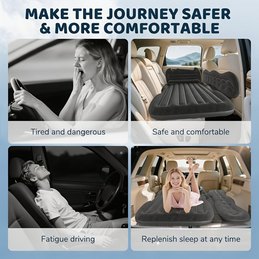 Inflatable Car Bed Plush Folding Design with Storage Bag & Tool Kit Soft Skin-Friendly Comfortable Outdoor Car Air Mattress for Camping