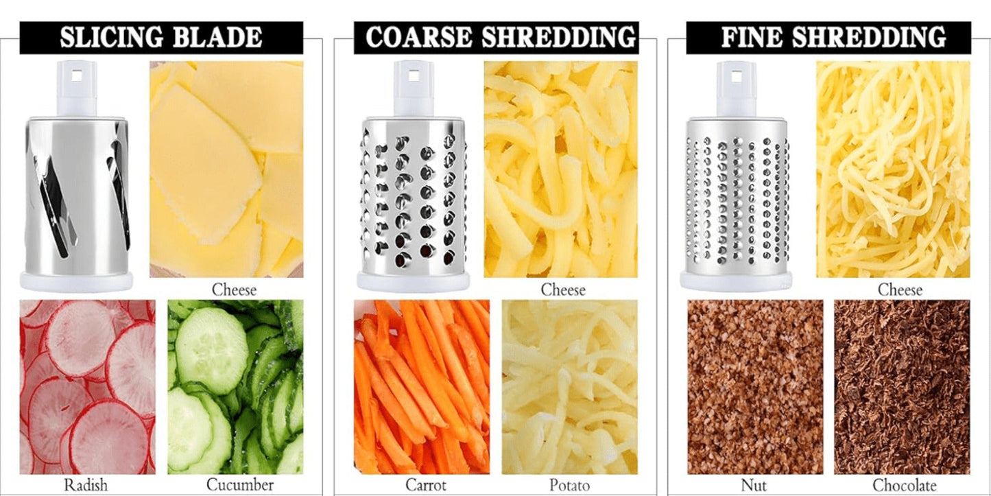 Rotary Cheese Grater, Stainless Steel Hand Crank Shredder with 3 Interchangeable Blades, Suction Base & Cleaning Brush