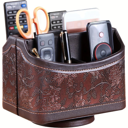 Rotating Faux Leather Remote Control Caddy with Five Compartments, Six Color or Pattern Options and 7.5-Inch Width
