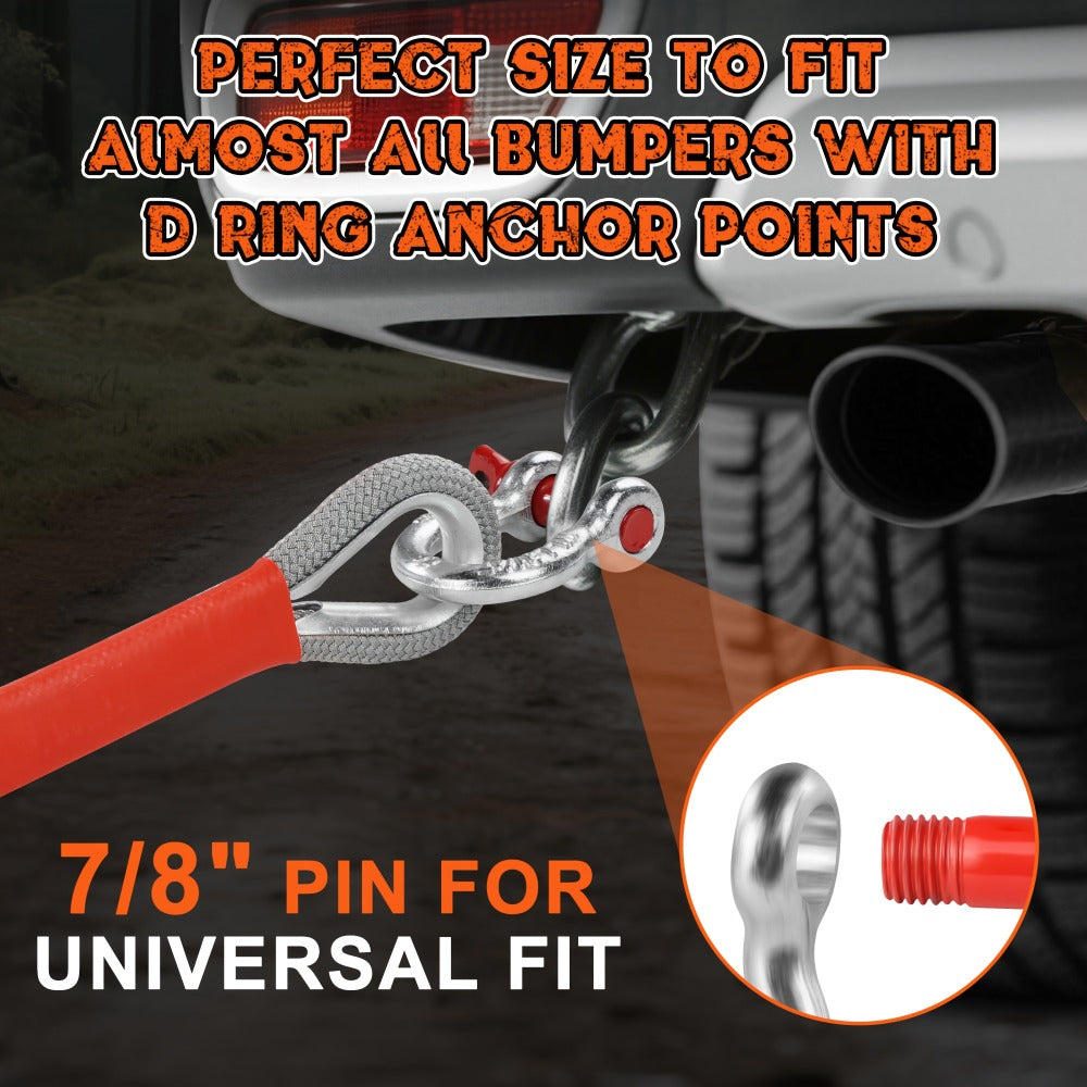 Recovery Tow Strap Kit 45000 LBS Break Strength – 7/8" x 30ft Polyester Rope, 2 D-Ring Shackles, Reflective Flag & Storage Bag