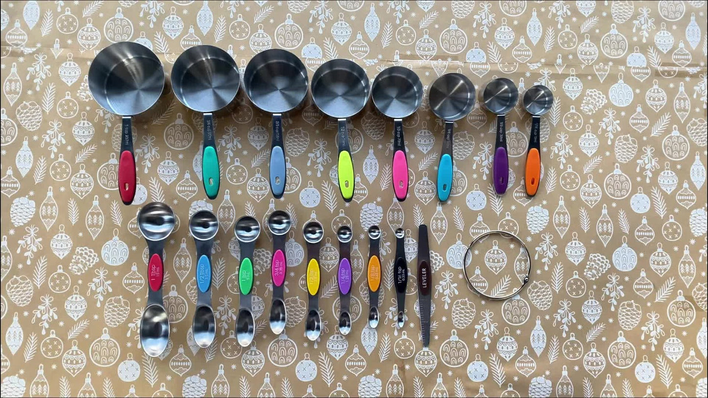 Stainless Steel Measuring Cups and Spoons Set 17 Piece – 8 Measuring Cups, 8 Double-Sided Spoons & 1 Leveler for Baking