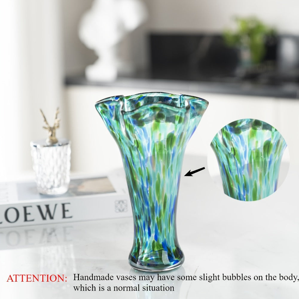 Hand Blown Glass Vase Colorful Wide Mouth, Teal Green Art Glass Flower Vase for Fresh Flowers & Spring Arrangements