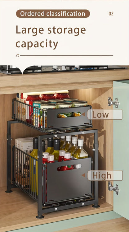 Under Sink Organizer 2-Tier Pull Out – Adjustable Height Carbon Steel Cabinet Storage Shelf for Kitchen and Bathroom