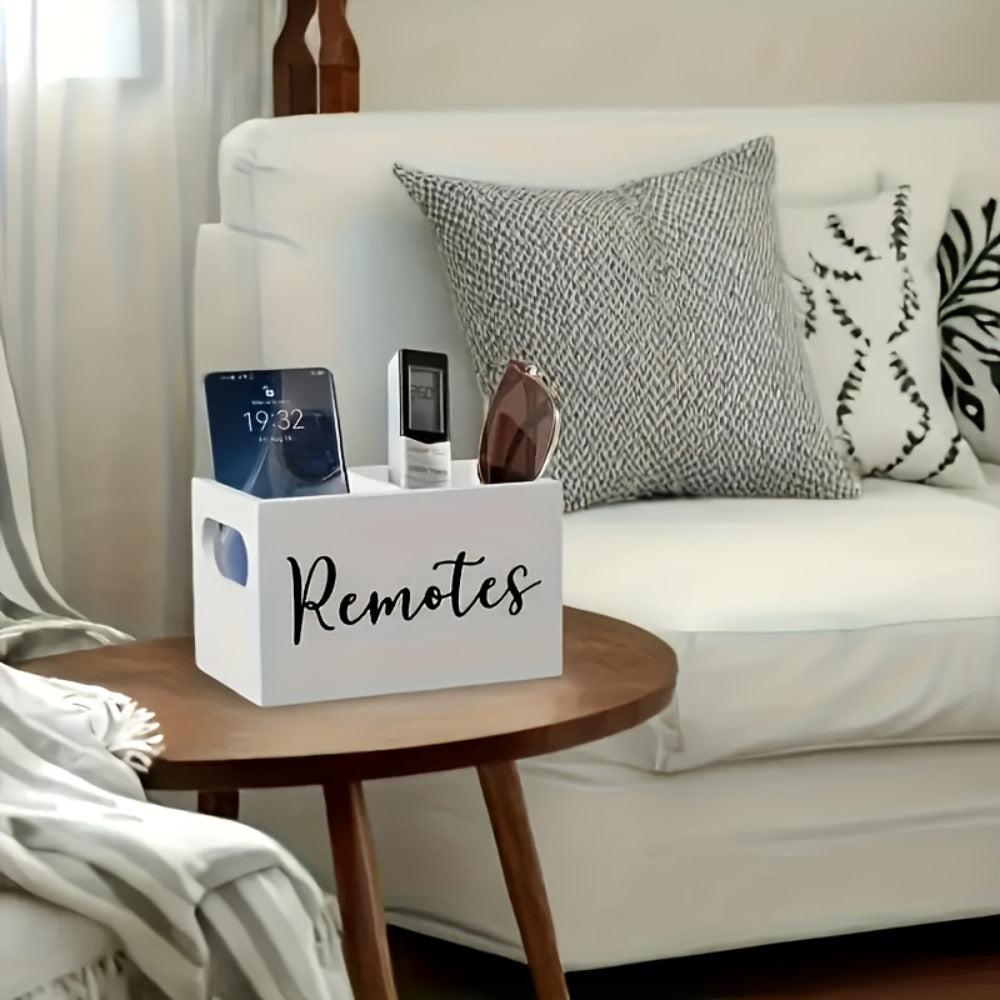 Black Wooden Remote Control Holder with Multi-Compartment Layout and 6 x 4 x 4-Inch Checkout Size