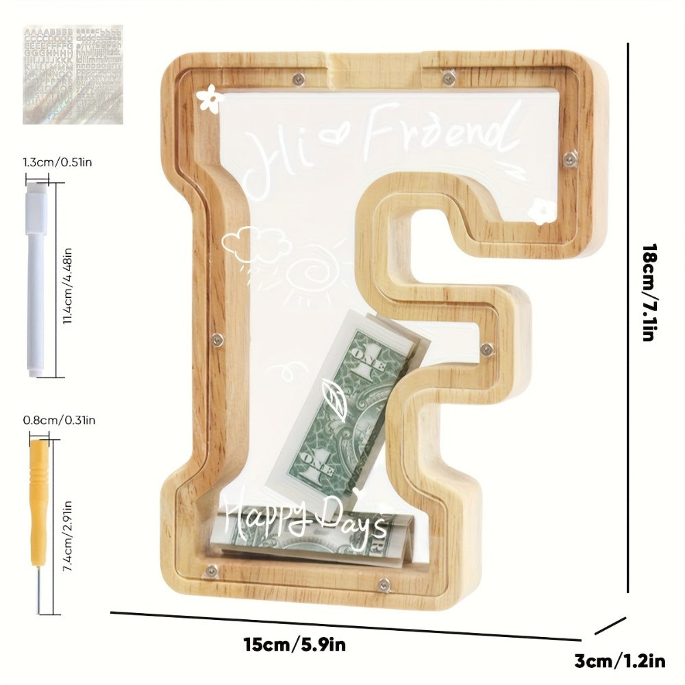 Alphabet Wooden Money Bank for Adults A to Z Letter Piggy Bank – Personalized Coin Bank Home Decor Craft Art Decoration