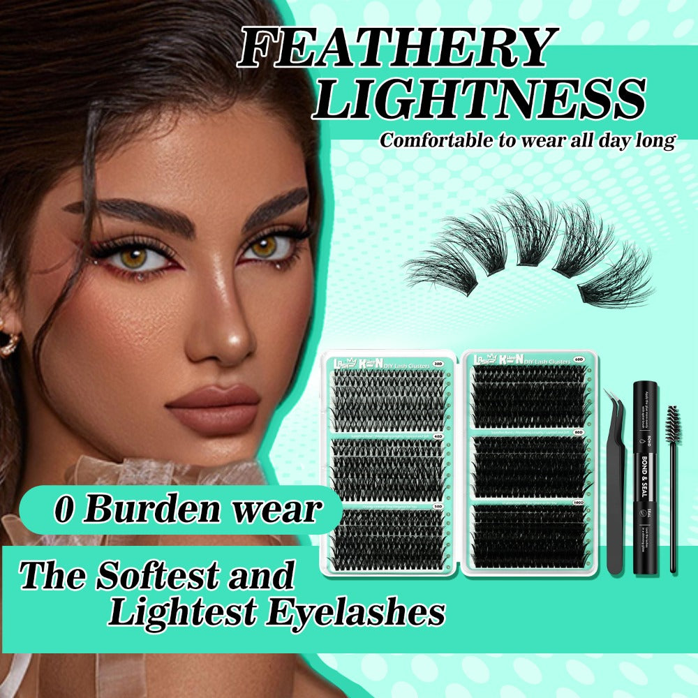 Lash Clusters Kit 708Pcs with Tweezers, Glue & Brush – Soft Silky Fiber False Eyelashes Full Voluminous DIY Lash Extension Set for Party