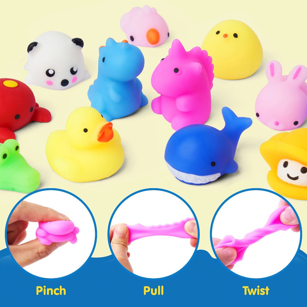 25-Piece Mini Mochi-Style Squishy Toy Set with Assorted Animal and Fruit Shapes from 1 to 1.38 Inches