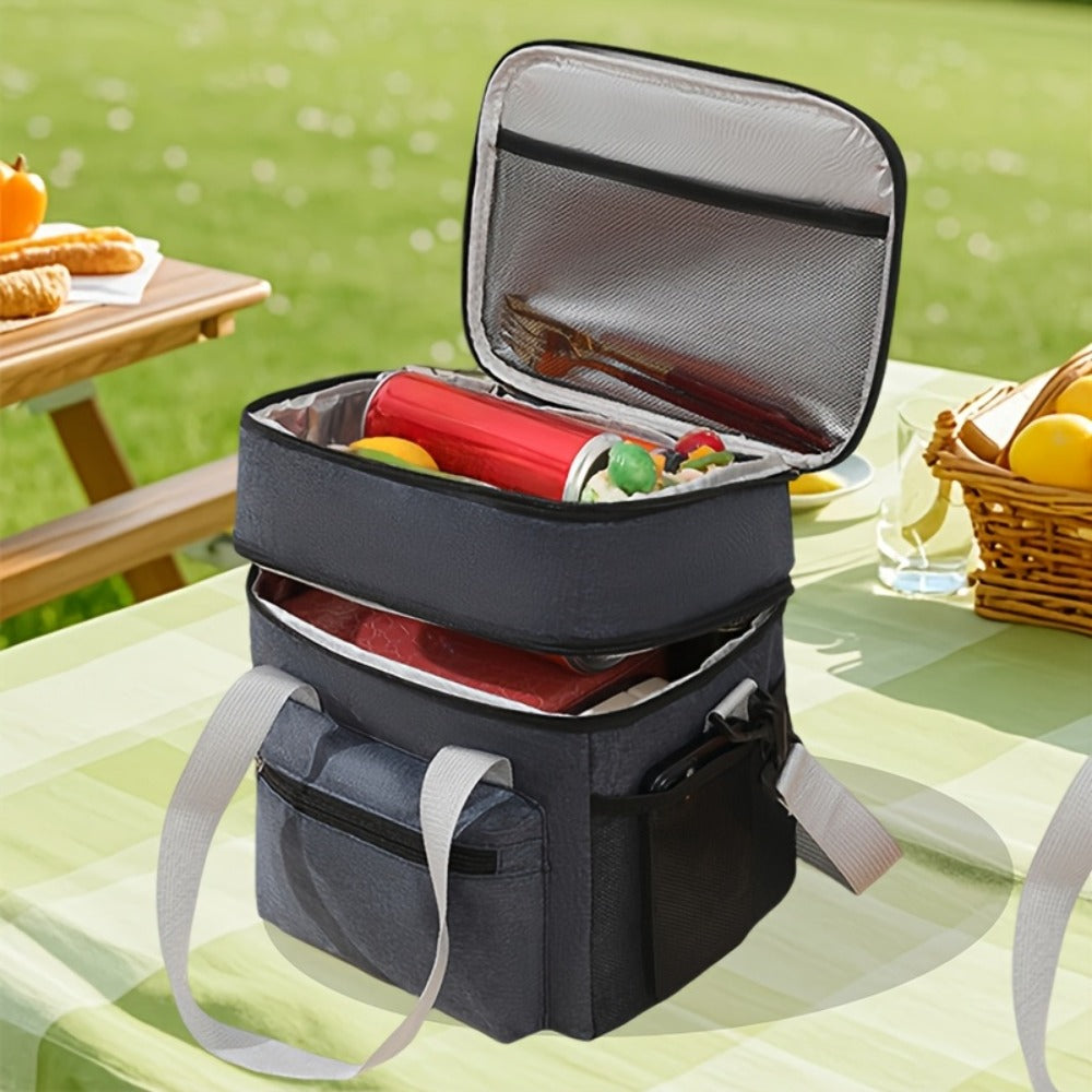 Double-Layer Lunch Bag Tote with Upper and Lower Compartments, Shoulder Strap and Four Colors