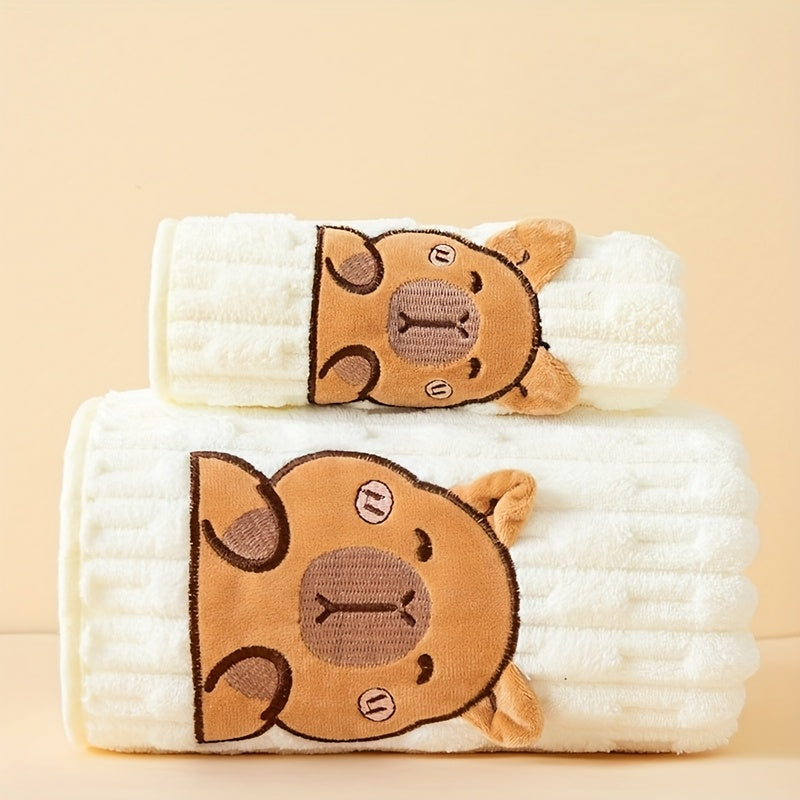 Towel Set 2 Piece Capybara Coral Fleece Face Towel and Bath Sheet in Four Printed Styles for Home and Guest Use