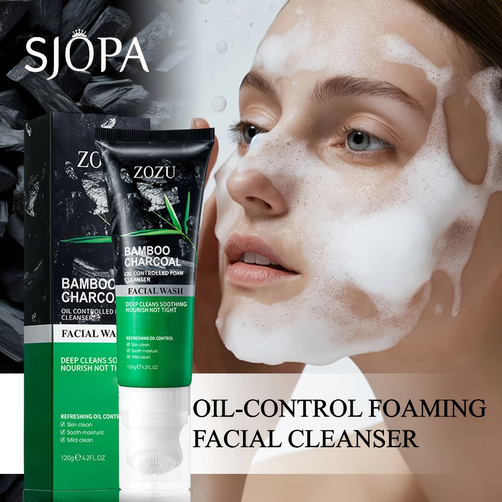 Skincare Set with ZOZU Label, 4 Bamboo Charcoal Items Including Cleanser Mask Essence and Brush Tool