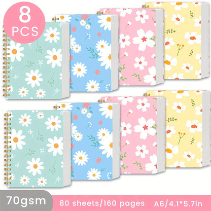 A6 Spiral Notebooks 8 Pack – Floral Design College Ruled Journals with Tear-Off Pages | Portable Memo Pads for Students & Office | Gift Set