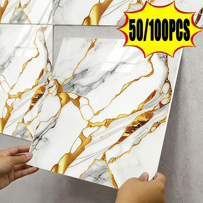 Marble Gold-Vein Wall Tile Sticker Set with 30 cm Panels, Four Colors and 50- or 100-Piece Packs