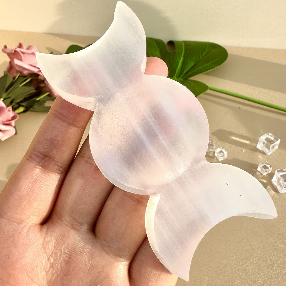 Natural Selenite Triple Charging Dish Crystal Charging Plate for Crystals and Stones for Entryways, Bedrooms and Living Spaces