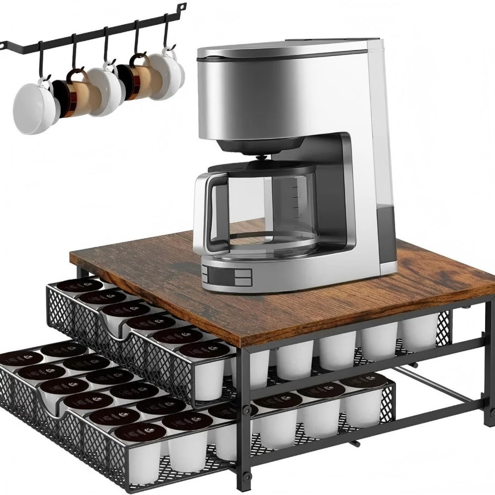 K-Cup Coffee Pod Holder 72 Capacity – 2-Tier Sliding Drawer Coffee Pod Organizer with Wood Top & Metal Frame, Non-Slip Base