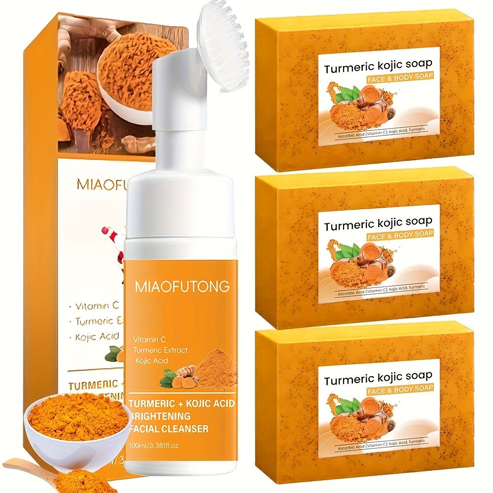 Turmeric Vitamin C Facial Cleansing Kit Face Wash Foam Soap Bars Set Nourishing Gentle for Bath Time, Home Spa and Personal Care