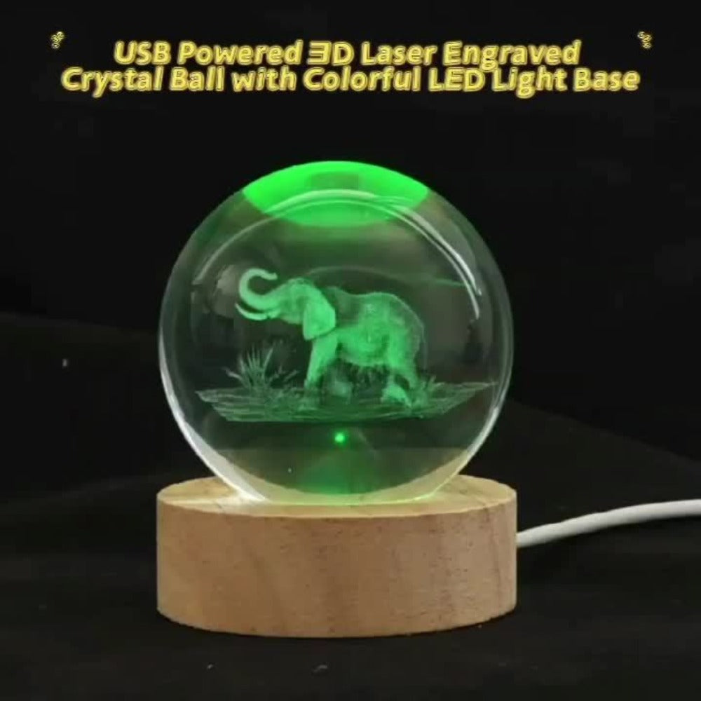 3D Elephant Crystal Ball LED Lamp USB Powered Colorful Night Light Wooden Base Elephant for Entryways, Bedrooms and Living Spaces