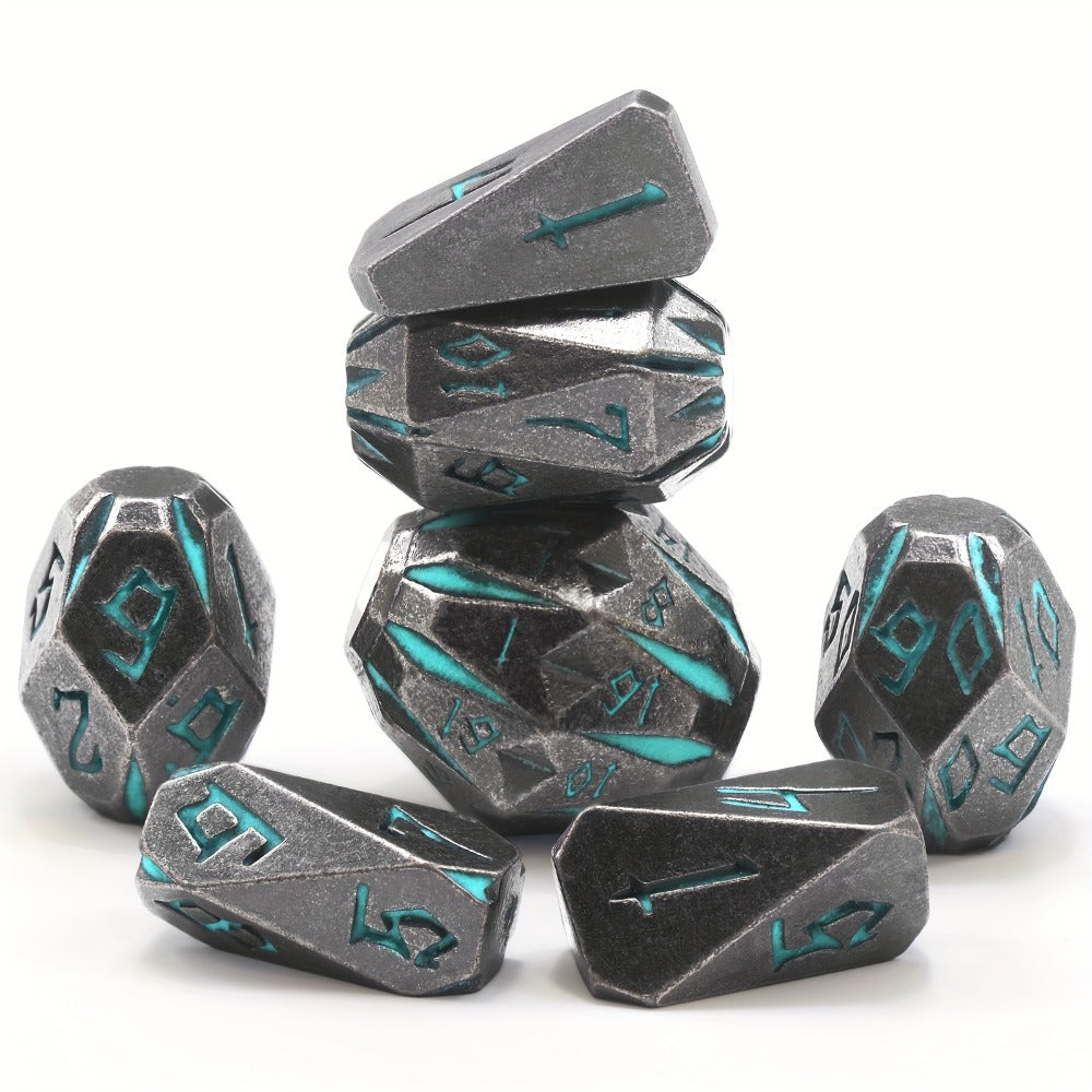 Metal DnD Dice Set 7pcs Glow in the Dark, Stonehenge Zinc Alloy Polyhedral Dice with Display Box