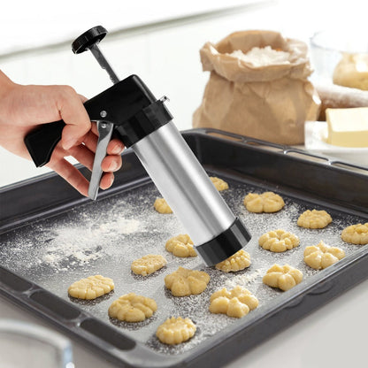 Cookie Press Kit Stainless Steel – 16 Cookie Discs & 8 Icing Tips, Biscuit Press Maker for Christmas Holiday Baking