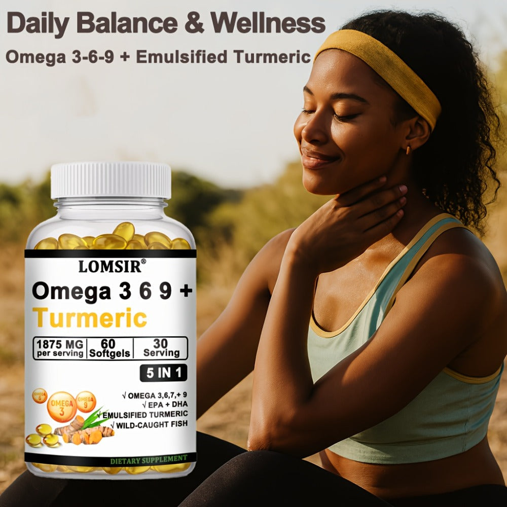 Omega 3-6-9 & Turmeric Softgels with DHA & EPA, Wild Fish Oil Blend, Emulsified Turmeric for Heart