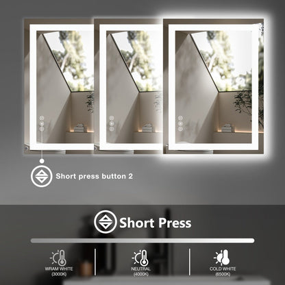 LED Bathroom Mirror with Anti-Fog, Dimmable Vanity Mirror, 3 Color Lighting Modes, Dual Light, Wall Mounted Horizontal or Vertical