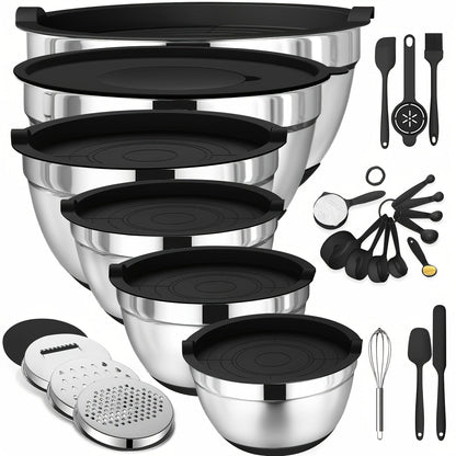 Nested Mixing Bowl Set with Khaki, Black or Mixed-Color Lids, Grater Inserts and Prep Tools