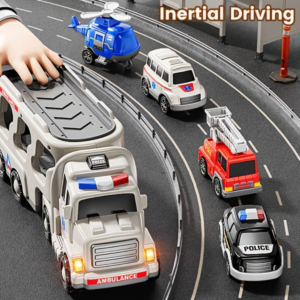Ambulance Truck Toy Set for Boys, 5-in-1 Friction Power Carrier Truck with Lights & Sounds