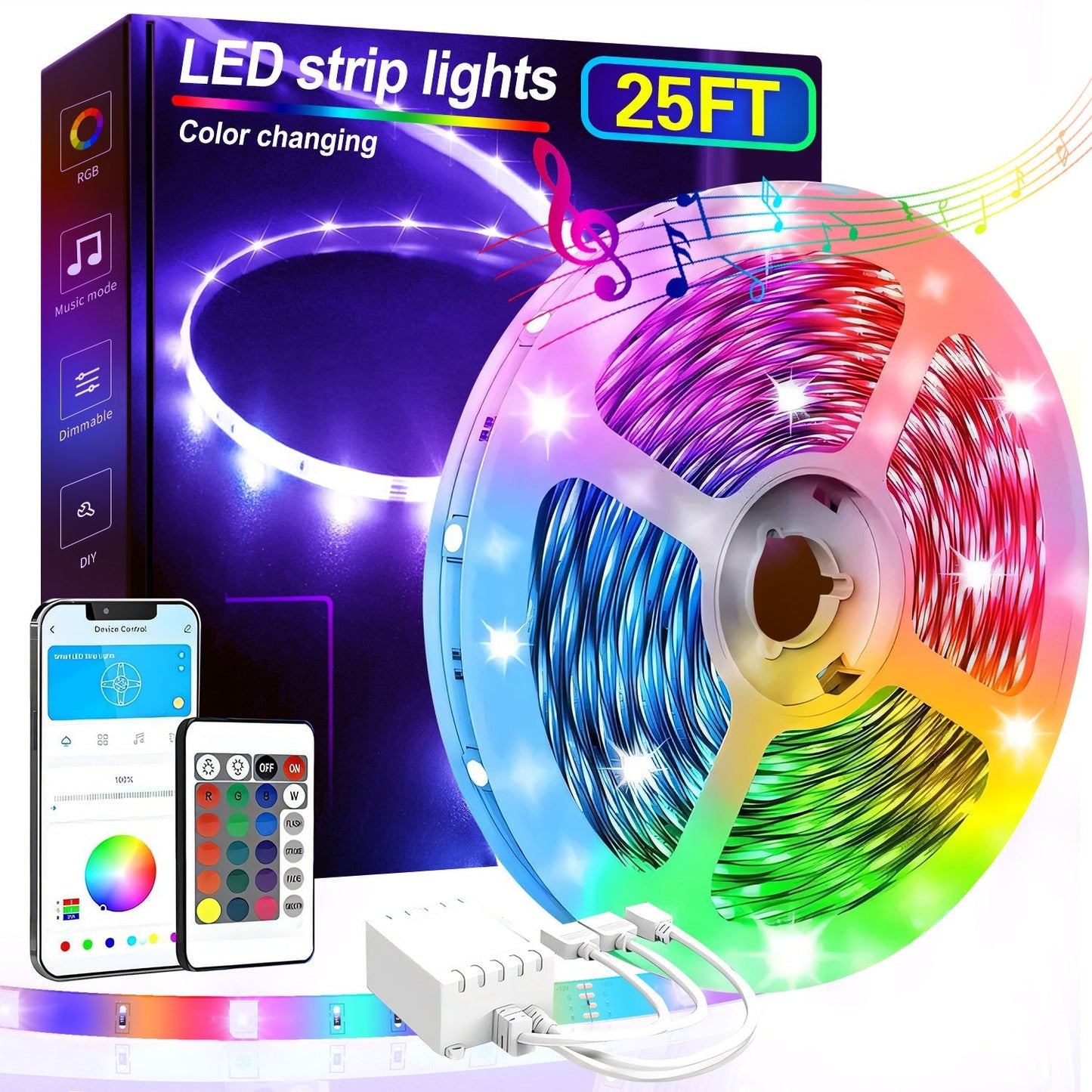 Color Changing LED Strip Lights RGB Music Sync App Remote Control 16 Million Colors Dimmable Timer DIY Smart Light Strip for Bedroom Living