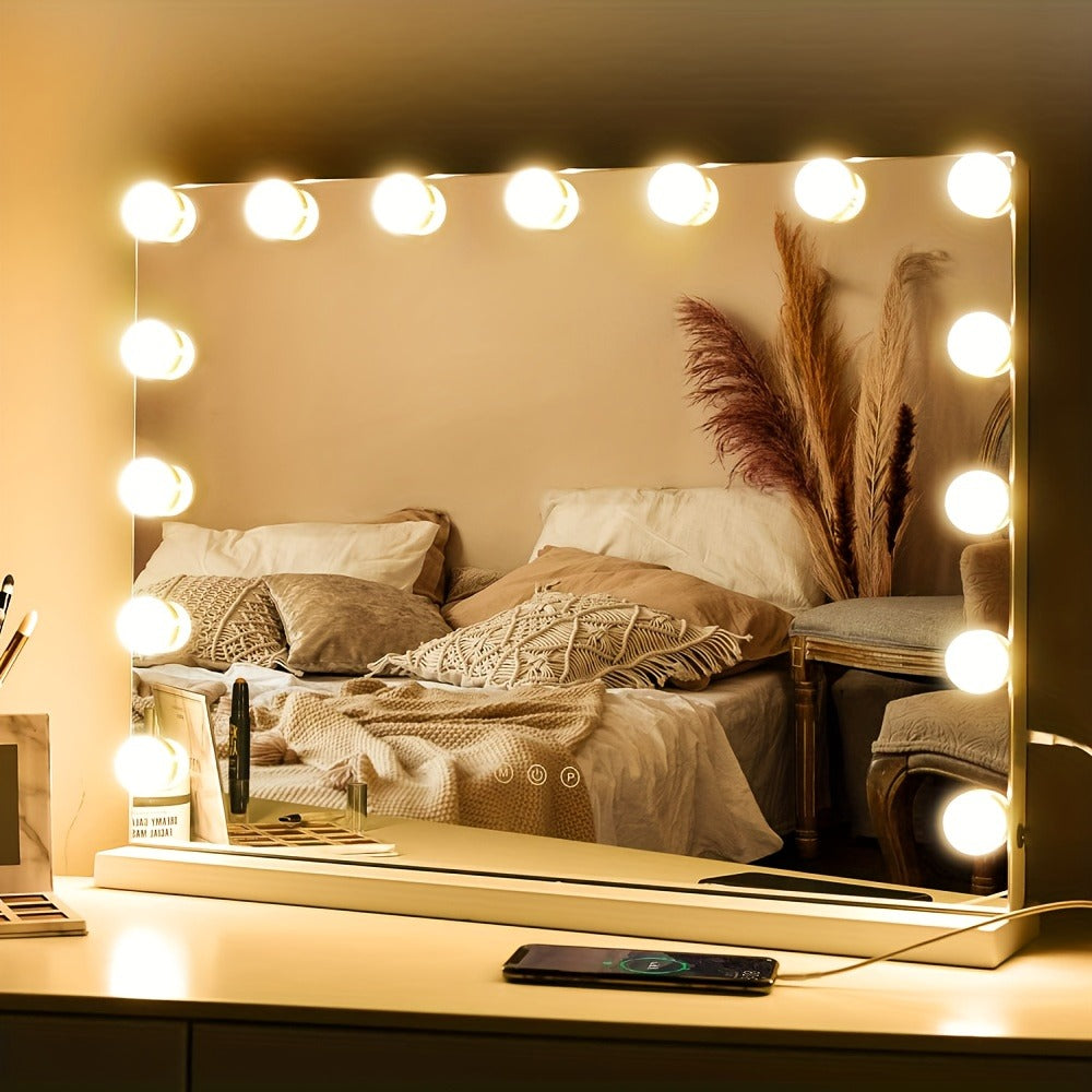 Hollywood Vanity Mirror with 15 LED Bulbs, 23 x 19 Inch Frame, Three Brightness Levels and White Base