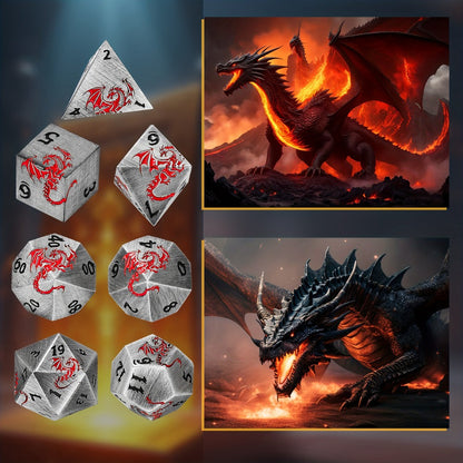 Dragon Metal Dice Set 7pcs Hand-Polished, Retro Carved Dragon Pattern Polyhedral DnD TTRPG RPG Dice with Dragon Storage Bag