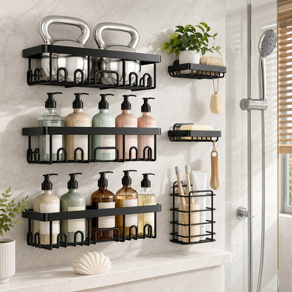 Six-Piece Black Adhesive Wall-Mounted Shower Caddy Set with Shelves, Hooks and Paper Holder