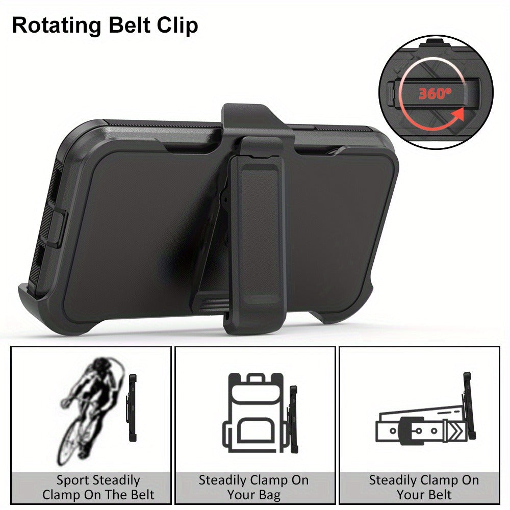 Phone Case Dual-Layer TPU and PC Cover with Rotating Belt Clip Holster for Black iPhone 15 Configuration