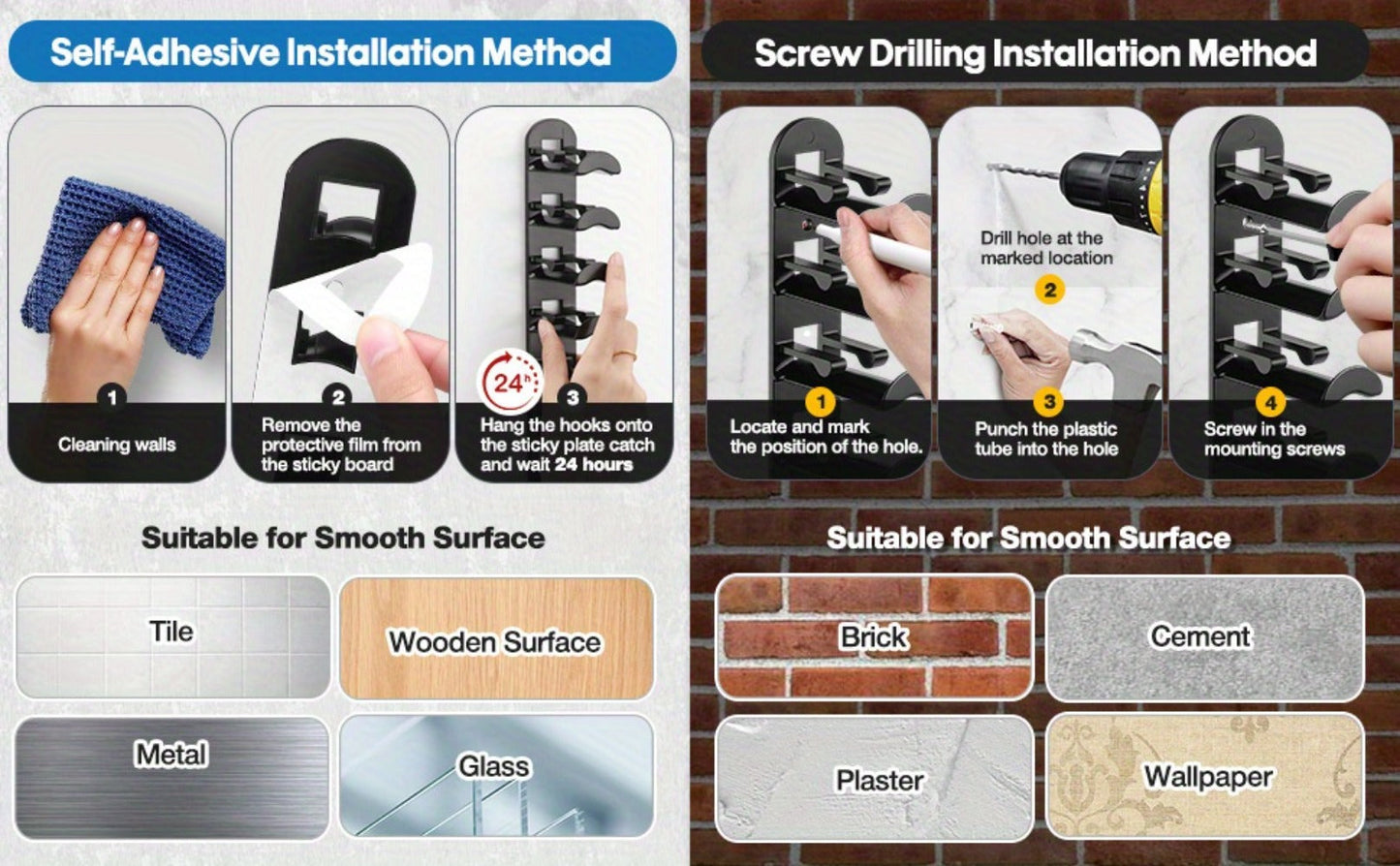 Wall Mounted Hat Rack for Baseball Caps, Adhesive or Drill Mount, Holds 20 Hats, Multilayer Storage